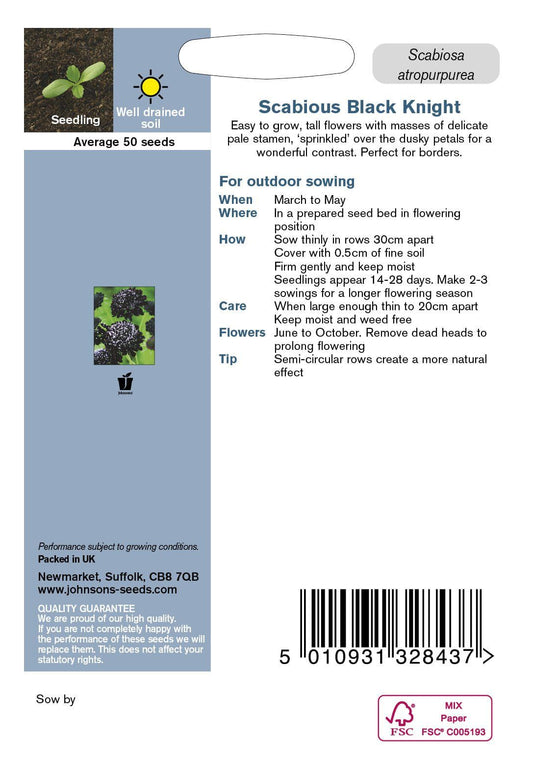 Johnson Seeds - Flower - Scabious Black Knight - 50 Seeds