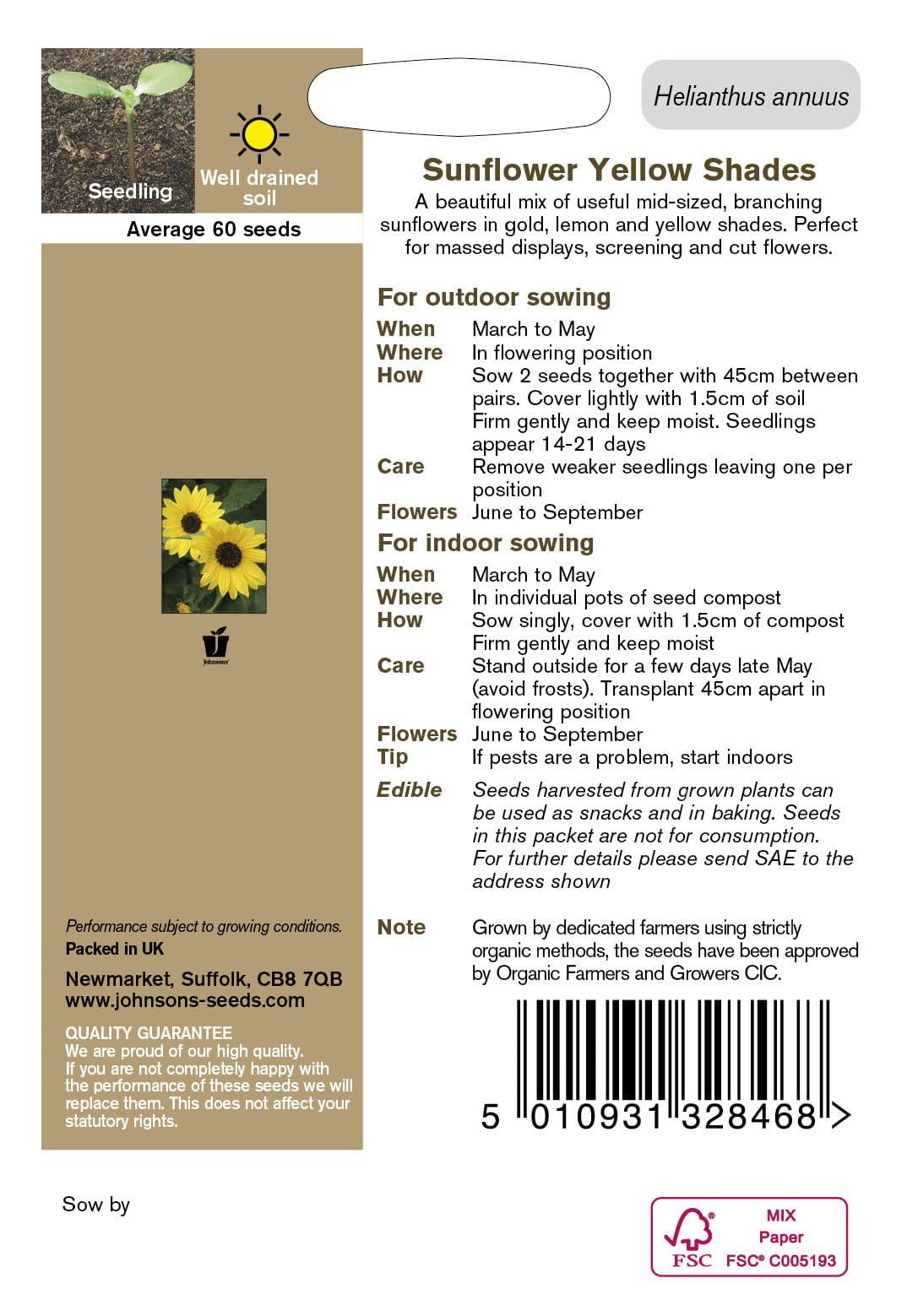 Johnson Seeds - Organic Flower - Organic Sunflower Yellow Shades - 60 Seeds