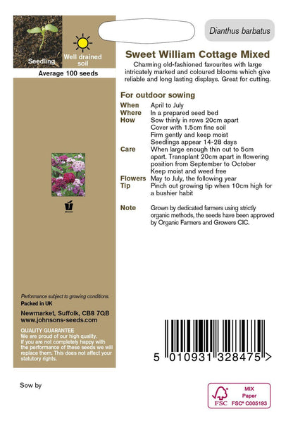 Johnson Seeds - Organic Flower - Organic Sweet William Cottage Mixed - 100 Seeds