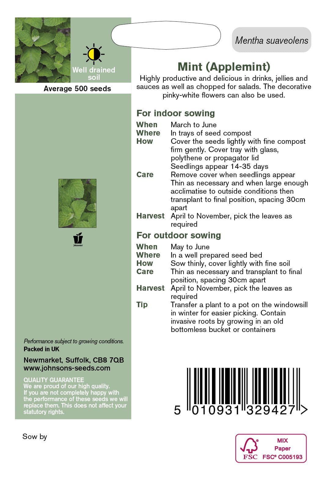 Johnson Seeds - Herb - Mint Applemint - 500 Seeds