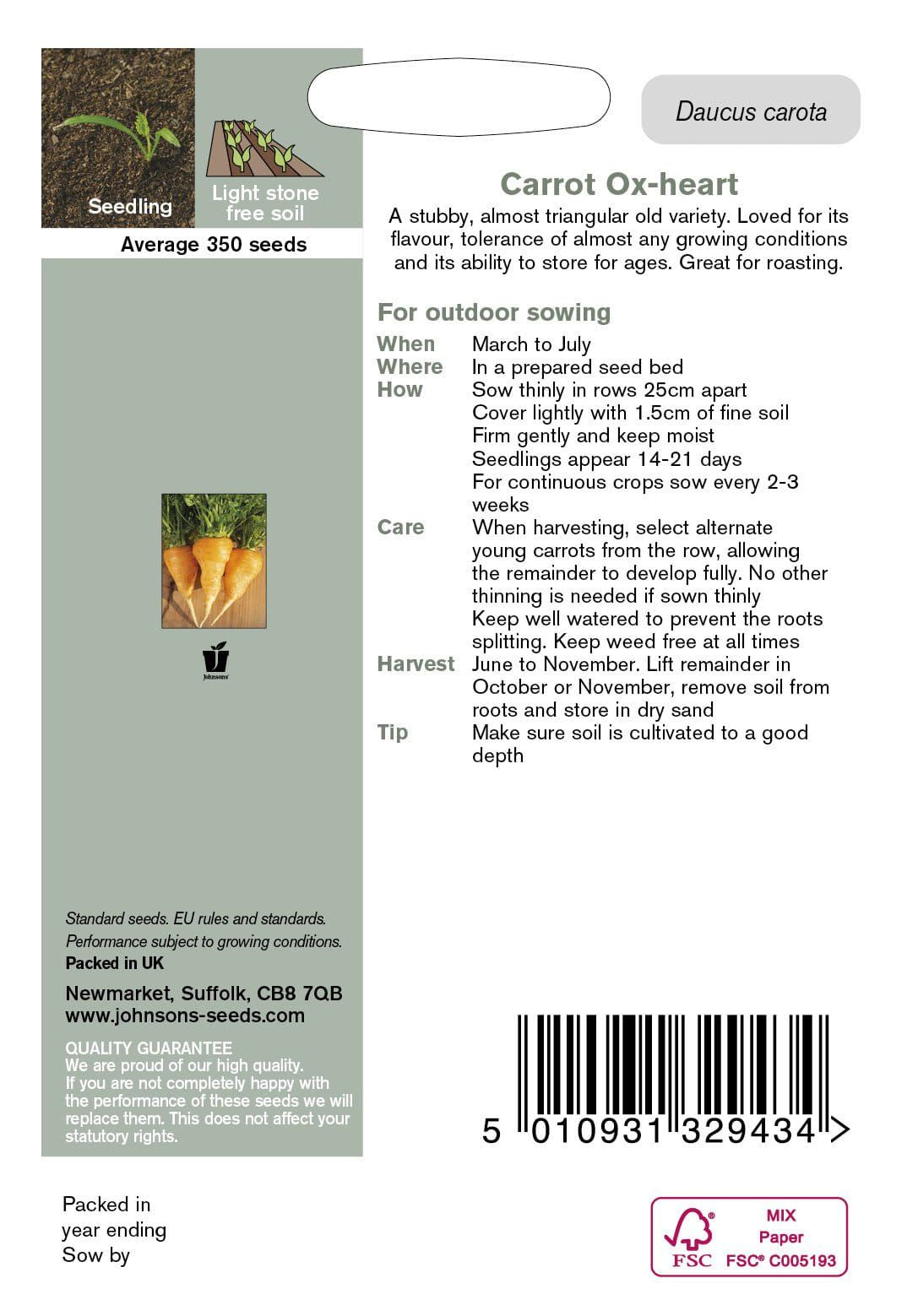 Johnson Seeds - Vegetable - Carrot Ox-Heart - 350 Seeds