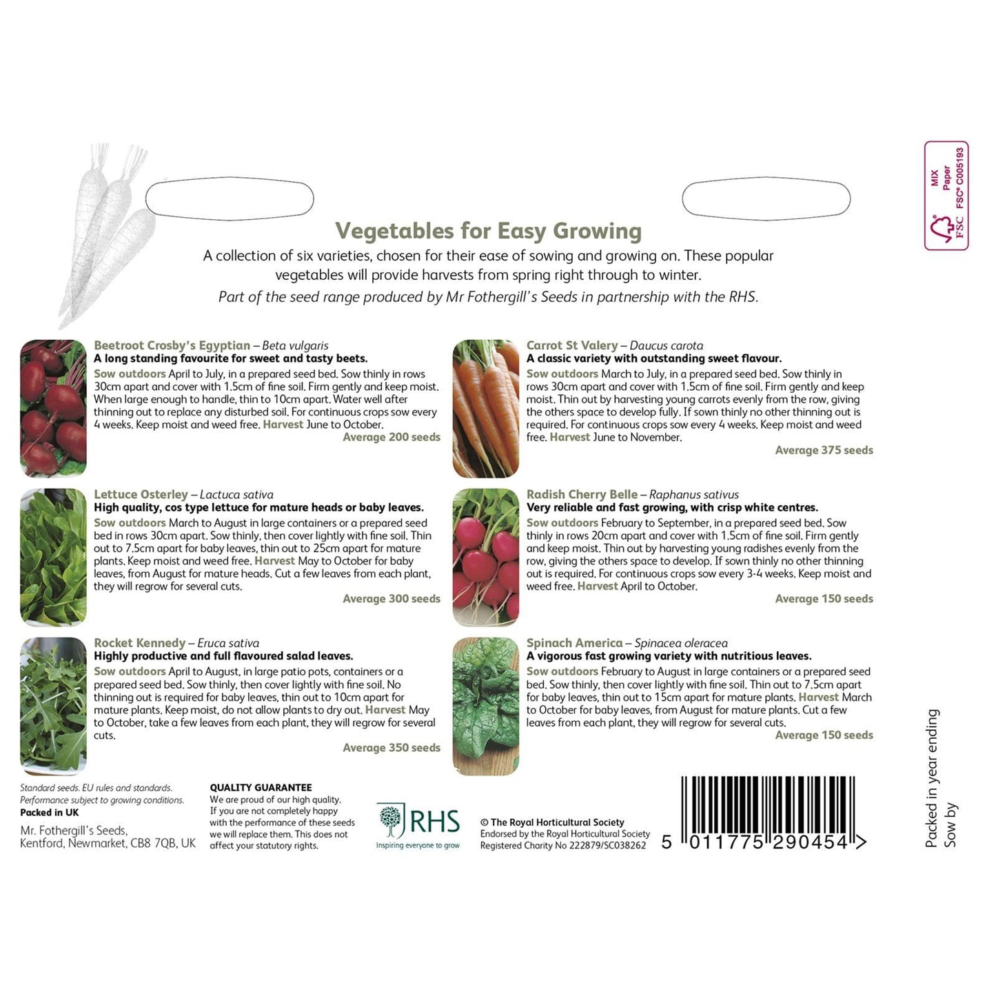 Mr Fothergills RHS Vegetables For Easy Growing Collection - Seeds