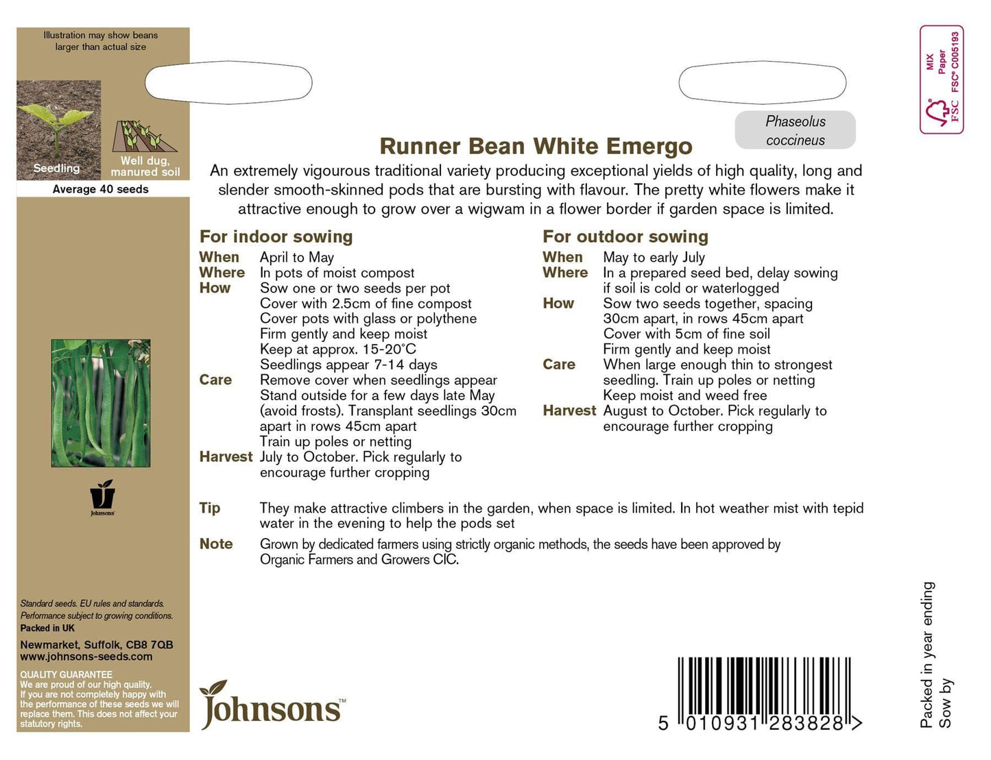Johnsons Organic Runner Bean White Emergo 40 Seeds